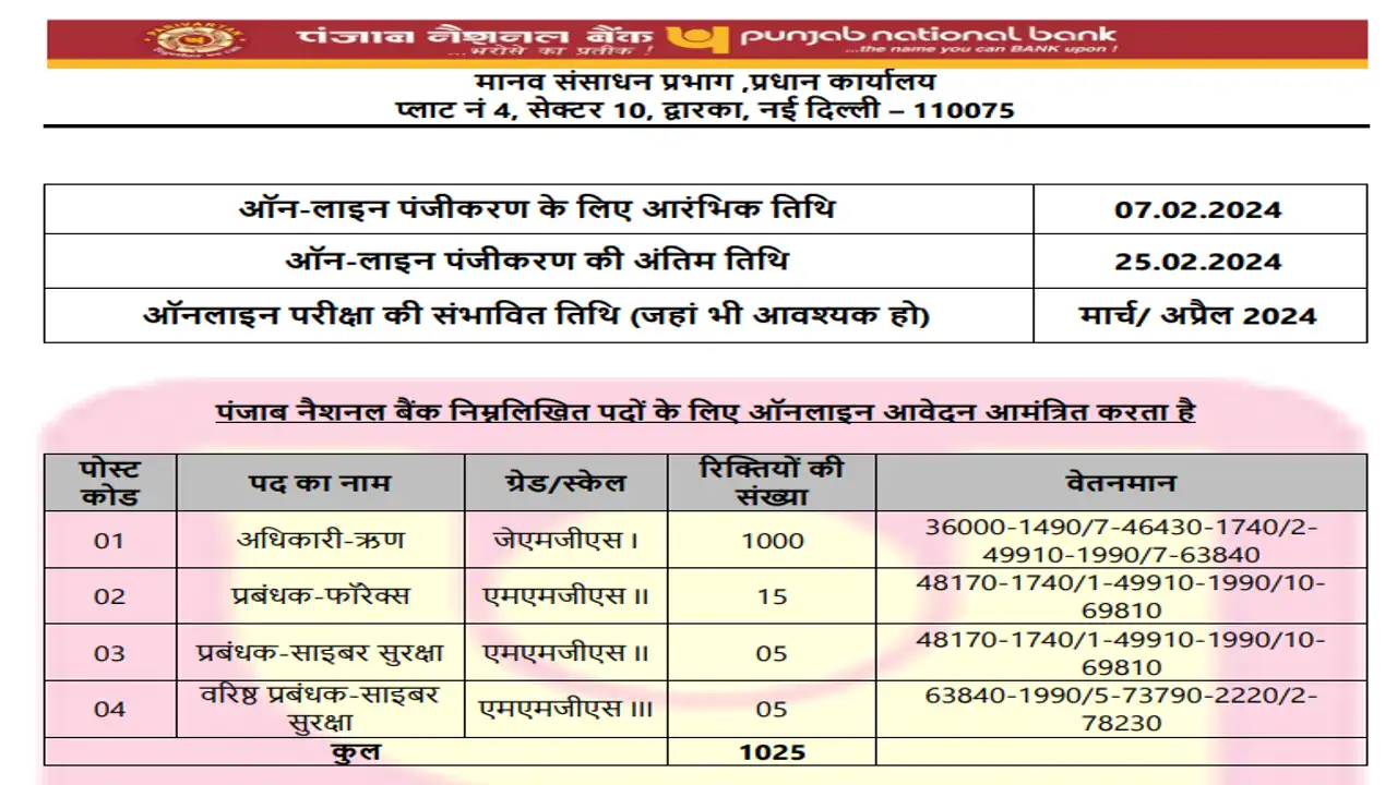 PNB Specialist Officer Recruitment 2024